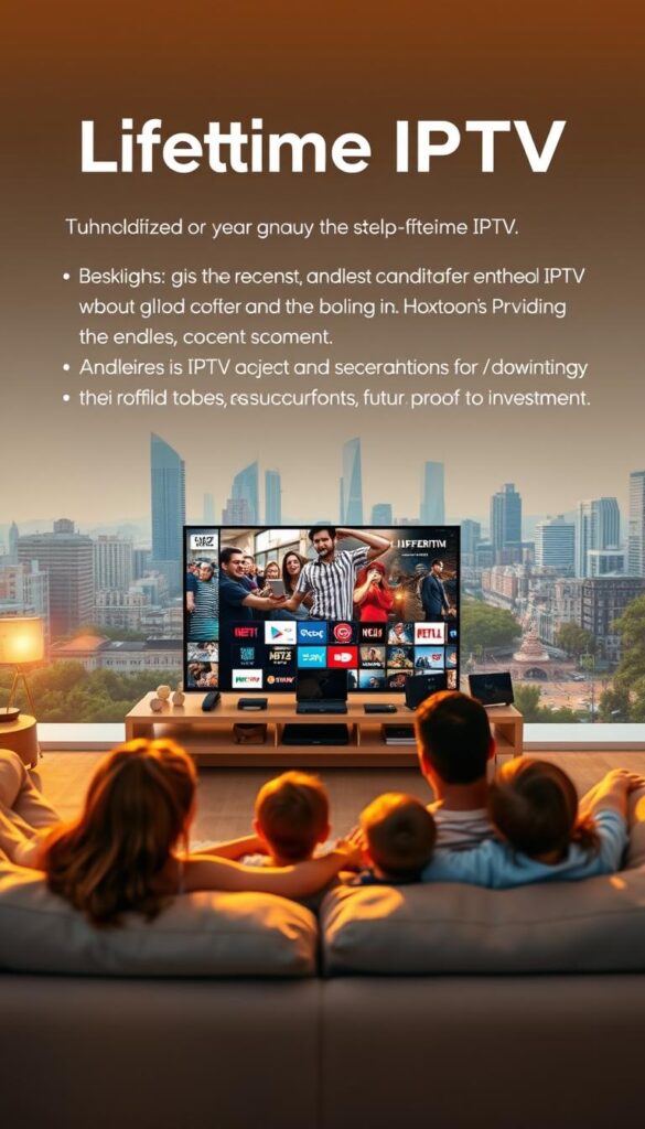 Lifetime IPTV benefits, a serene landscape showcasing the Hoxtoon Provider technology. In the foreground, a family relaxing on a plush couch, basking in the glow of a large, high-definition television. The middle ground features an array of streaming devices, each representing the diverse content options available through the Hoxtoon Provider's lifetime IPTV service. In the background, a cityscape with towering skyscrapers and bustling streets, symbolizing the global reach and convenience of this cutting-edge technology. Soft, warm lighting creates a cozy, inviting atmosphere, while a subtle lens flare adds a touch of cinematic elegance. This image captures the key benefits of lifetime IPTV - uninterrupted entertainment, endless content choices, and the comfort of a secure, future-proof investment.