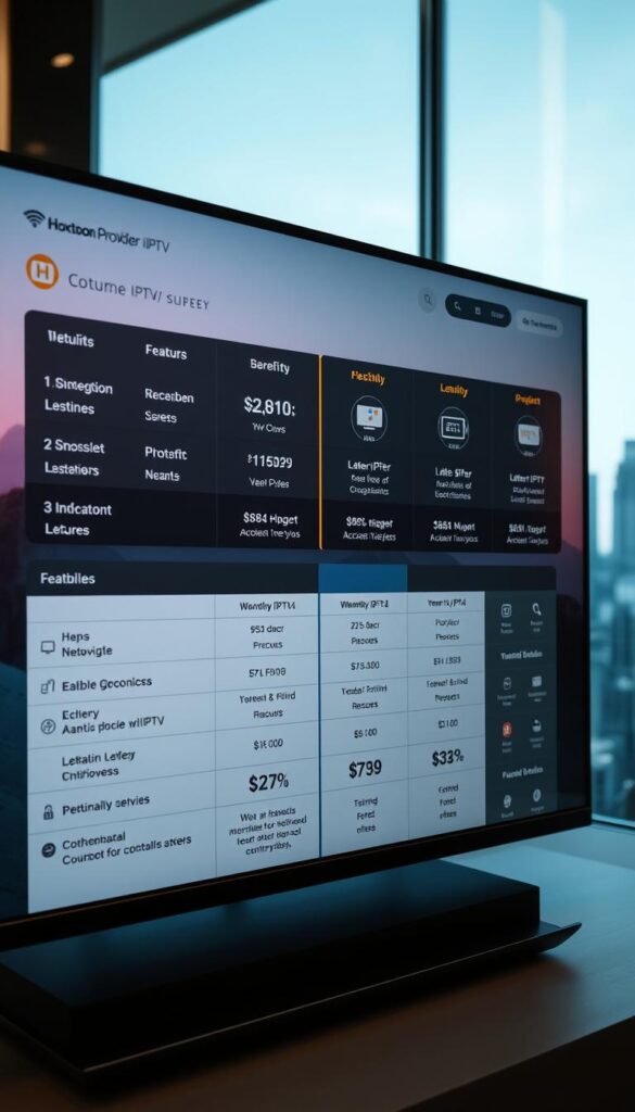 Lifetime IPTV comparison: A sleek, modern interface showcasing the Hoxtoon Provider platform, with a grid of various subscription models and their key features prominently displayed. The foreground focuses on the side-by-side comparison, highlighting the benefits and drawbacks of lifetime access versus traditional monthly/yearly plans. The middle ground features stylized icons and infographics conveying the flexibility, cost-effectiveness, and reliability of lifetime IPTV. The background depicts a subtle cityscape, evoking a sense of a tech-savvy, urban environment. The lighting is soft and warm, creating a professional, informative atmosphere. The overall composition emphasizes the advantages of lifetime IPTV over traditional subscription models.