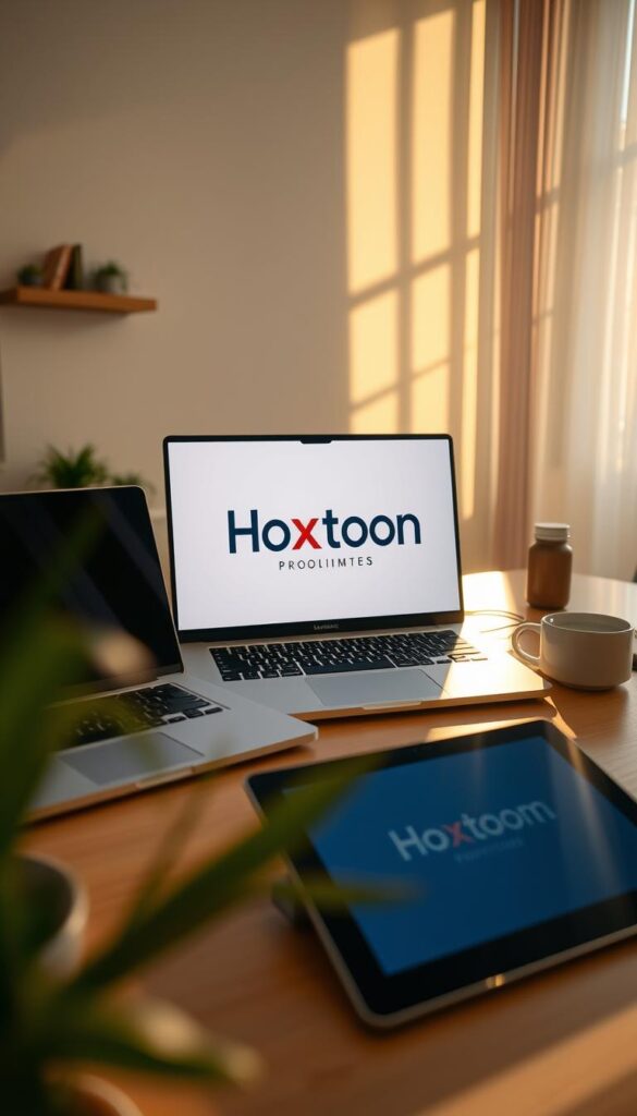 Lifetime IPTV subscription: a serene workspace with a sleek laptop, digital tablet, and a Hoxtoon Provider logo prominently displayed, bathed in warm, natural lighting and a sense of tranquility, conveying the ease and convenience of a lifetime subscription to a reliable IPTV service.