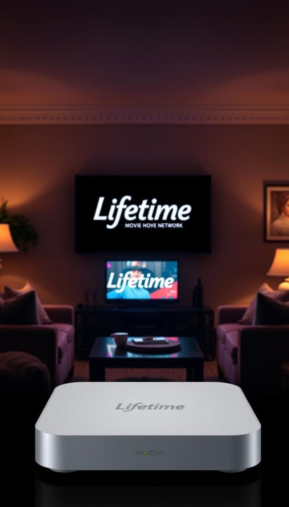 Lifetime Movie Network IPTV, a captivating portal into the enchanting world of Lifetime movies. A dimly lit living room, cozy with plush furniture and warm lighting, sets the stage. On the television screen, the iconic Lifetime logo shimmers, inviting viewers to indulge in heartwarming tales of love, loss, and redemption. In the foreground, a sleek, modern IPTV device, the "Hoxtoon Provider", seamlessly streams the network's diverse lineup, blending the traditional and the digital. The atmosphere is one of comfort and escapism, where the viewer can lose themselves in the timeless narratives that have defined the Lifetime brand. A sense of anticipation and wonder permeates the scene, hinting at the captivating stories that await.