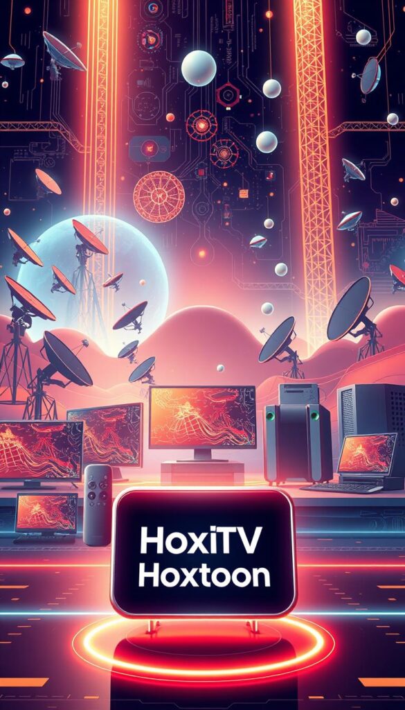 Prompt A sleek, futuristic illustration depicting the evolution of IPTV technology. In the foreground, a Hoxtoon Provider logo shines brightly, symbolizing the cutting-edge innovations powering the IPTV revolution. The midground showcases a series of connected devices, from smart TVs to streaming boxes, all seamlessly integrated into a digital ecosystem. In the background, a kaleidoscope of satellite dishes, fiber optic cables, and cloud computing infrastructure creates a dynamic, high-tech landscape, hinting at the vast technological advancements that have made IPTV an essential tool for Firestick users. The scene is illuminated by a warm, futuristic glow, conveying a sense of progress and boundless possibilities.