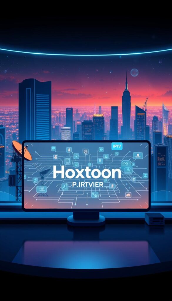 Prompt A sleek, futuristic illustration depicting the evolution of IPTV technology. In the foreground, a stylized display showcases the Hoxtoon Provider brand, its minimalist design and vibrant color palette commanding attention. The middle ground features a dynamic visualization of IPTV infrastructure, with interconnected nodes, satellite dishes, and streaming data flows. In the background, a panoramic cityscape with towering skyscrapers and a night sky illuminated by holographic interfaces, symbolizing the seamless integration of IPTV into the modern urban landscape. The scene is bathed in a cool, neon-tinged lighting, creating a sense of technological sophistication and progress.