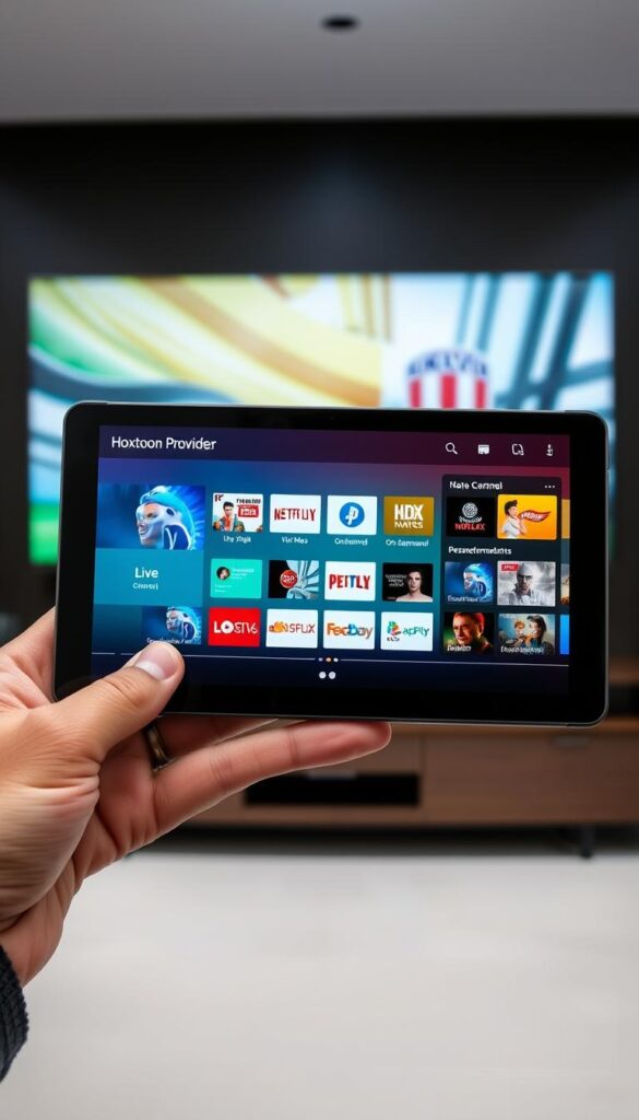 Prompt A sleek, modern Android device displaying the Hoxtoon Provider IPTV interface, showcasing a vibrant, intuitive user experience. The screen depicts a range of live TV channels, on-demand content, and personalized recommendations, all against a minimalist, high-tech backdrop. The device is held in a well-lit, sophisticated setting, accentuating the seamless integration of IPTV technology into the Android ecosystem. The overall scene conveys the revolutionary, cutting-edge nature of IPTV streaming for Android users.