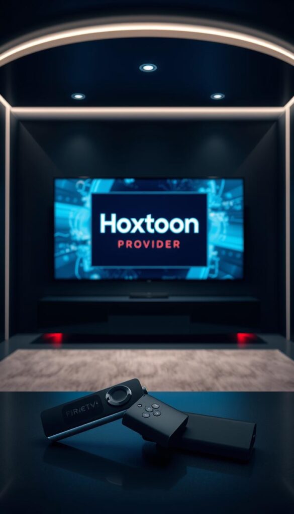 Prompt A sleek, modern IPTV technology setup with a stylized Hoxtoon Provider logo prominently displayed. The scene features a dark, minimalist room with moody lighting and clean lines, conveying a sense of high-tech sophistication. In the foreground, a Firestick device and remote control are positioned, seamlessly integrated into the overall design. The middle ground showcases a large, high-definition display screen, showcasing the vivid, crystal-clear IPTV content. The background features subtle, abstract digital patterns and textures, further emphasizing the digital nature of the IPTV technology. The overall mood is one of streamlined efficiency and cutting-edge innovation.