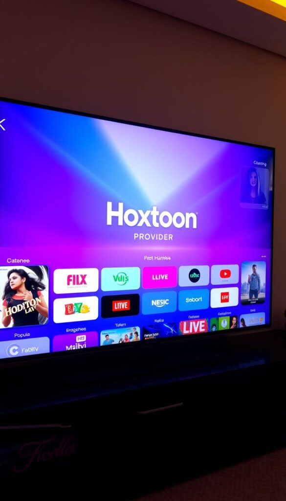 Prompt A sleek, modern interface for the Hoxtoon IPTV service, showcasing a wide selection of Indian channels and content. The screen is dominated by a vibrant, high-definition display featuring the Hoxtoon Provider logo prominently in the center. The layout is clean and intuitive, with various genre categories and popular titles neatly organized. The lighting is warm and inviting, creating a premium, trustworthy atmosphere. The camera angle is slightly elevated, giving a sense of authority and reliability to the Hoxtoon IPTV platform. The overall composition exudes a sense of quality, accessibility, and the perfect solution for Indian content enthusiasts.