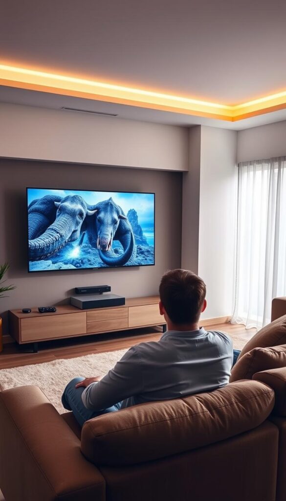 Reliable 4K IPTV streaming by Hoxtoon Provider. A sleek, modern living room with a large, high-resolution TV displaying crystal-clear 4K video. Soft, warm lighting illuminates the space, creating a cozy and inviting atmosphere. The TV is connected to a state-of-the-art streaming device, seamlessly delivering a vast library of 4K content. In the foreground, a person sits comfortably on a plush sofa, immersed in the captivating visuals, conveying a sense of dependable and enjoyable entertainment.