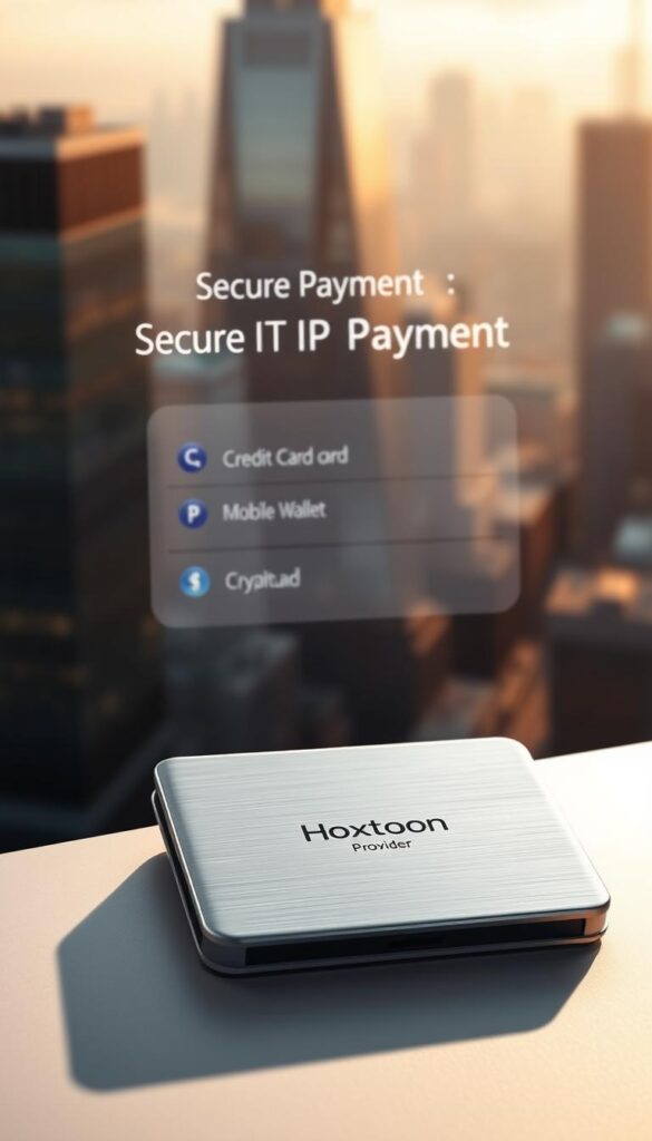 Secure IPTV Payment: A Sleek, Minimalist Digital Wallet A stylized digital wallet with a brushed metal finish sits prominently in the foreground, casting a soft shadow. The wallet features the "Hoxtoon Provider" logo subtly embossed on its surface. In the middle ground, a clean, modern interface displays options for secure IPTV payment methods, including credit card, mobile wallet, and cryptocurrency. The background is a blurred, elegant cityscape, conveying a sense of urban sophistication and technological advancement. Warm, directional lighting creates depth and highlights the wallet's sophisticated design, while a muted color palette of greys, silvers, and blues evokes a sense of trustworthiness and professionalism.