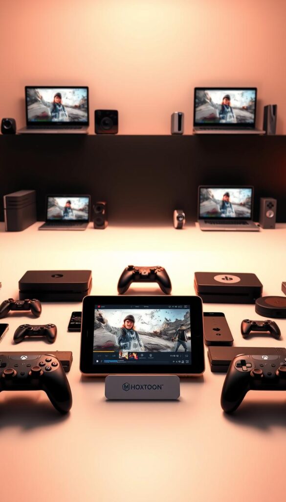 Sleek and modern technology devices arranged in a dynamic, visually appealing layout. In the foreground, a Hoxtoon Provider branded tablet or smartphone showcased prominently, its screen displaying high-quality video content. Surrounding it, an array of other devices such as laptops, smartwatches, and gaming consoles, all seamlessly connected and compatible. The middle ground features a minimalist, high-contrast backdrop, drawing focus to the devices. Subtle, warm lighting creates a sense of sophistication and ease of use. The overall composition conveys the versatility and cross-platform compatibility of the Hoxtoon Provider service, allowing users to enjoy content on their device of choice.