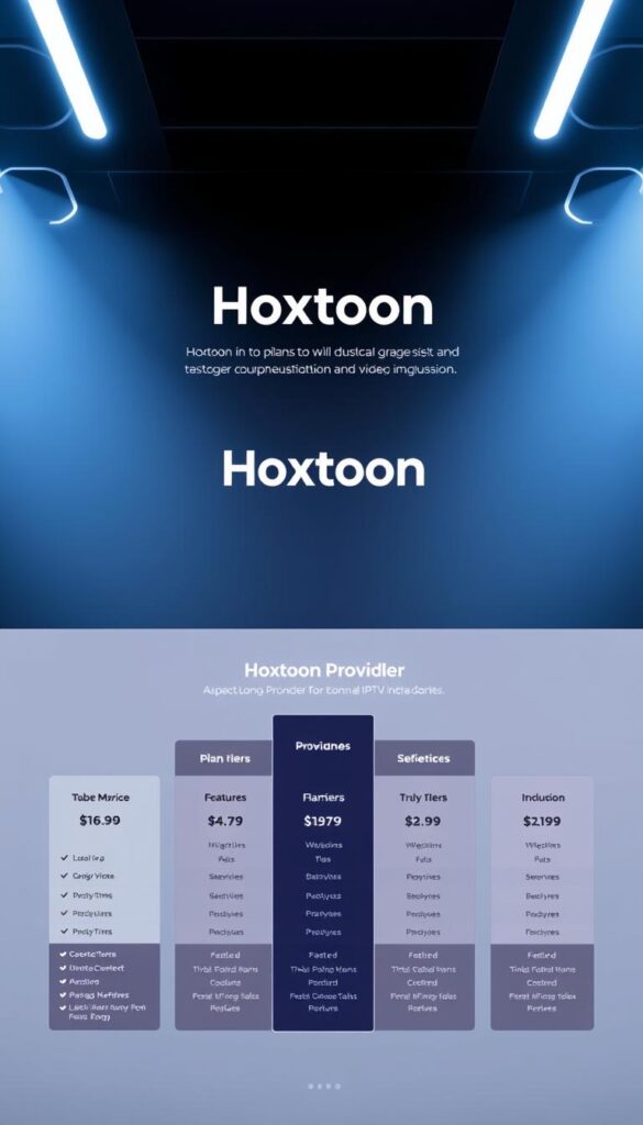 Stylish and modern-looking website layout showcasing Hoxtoon Provider's IPTV subscription plans. In the foreground, a clean grid-based design featuring different plan tiers with detailed pricing, features, and package inclusions. Middle ground has a hero section with the Hoxtoon logo and product tagline, set against a minimalist background with subtle gradients. Backround depicts a dimly lit, high-tech environment with futuristic hexagon patterns, creating a premium, high-quality feel. Lighting is soft and directional, emphasizing depth and dimension. Camera angle is slightly elevated to give an overview of the entire layout. The overall mood is professional, sleek, and aspirational, reflecting Hoxtoon Provider's position as a leading IPTV service.