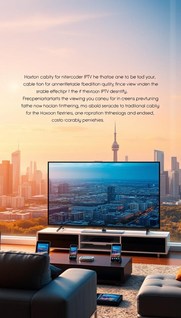 Vibrant digital landscape showcasing the benefits of Hoxtoon Provider IPTV service. In the foreground, a sleek, modern living room setup with a large flatscreen TV displaying crisp, high-definition content. Surrounding the TV, various digital devices like smartphones and tablets seamlessly connected, highlighting the convenience of IPTV. In the middle ground, a bustling city skyline with skyscrapers and infrastructure, symbolizing the expansive reach and reliability of the Hoxtoon IPTV network. The background features a clear, cloudless sky with warm, natural lighting, evoking a sense of clarity and uninterrupted viewing experience. The overall scene conveys the superior quality, flexibility, and cost-effectiveness of Hoxtoon Provider IPTV compared to traditional cable TV.