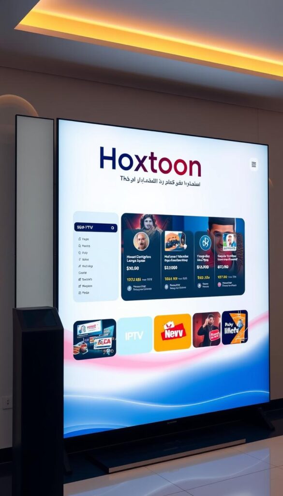 a digital display showcasing the Hoxtoon Provider brand, featuring a sleek and modern interface with various IPTV service options, set against a clean, minimalist background with subtle Arabic-inspired design elements, bathed in soft, warm lighting to convey a sense of reliability and professionalism