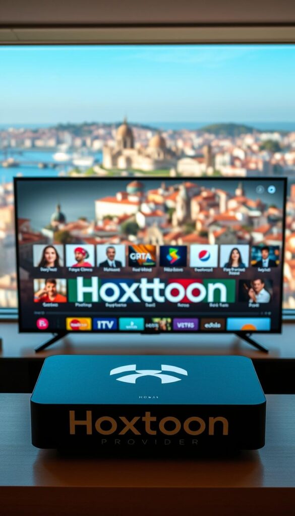 a professional, high-quality, photorealistic image of the "Hoxtoon Provider" IPTV service in Portugal. The image depicts a modern, sleek user interface showcasing a variety of popular Portuguese TV channels and on-demand content. The foreground features the Hoxtoon logo prominently displayed, with a sophisticated UI layout in the middle ground. The background showcases a panoramic view of the vibrant city of Lisbon, with its iconic landmarks and architecture. The lighting is natural and warm, creating a welcoming and premium atmosphere. The camera angle is slightly elevated, giving the viewer a sense of authority and quality. The overall composition is balanced and visually striking, effectively conveying the reliability and excellence of the Hoxtoon IPTV service.