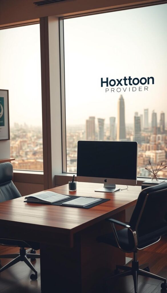 a professional, highly detailed, and photorealistic image of a European regulatory agency office environment focused on Arabic IPTV services, with a large window overlooking a city skyline, a wooden desk with a computer and legal documents, a Hoxtoon Provider logo sign on the wall, and a mood of authority and seriousness conveyed through warm lighting, depth of field, and a sense of official government oversight